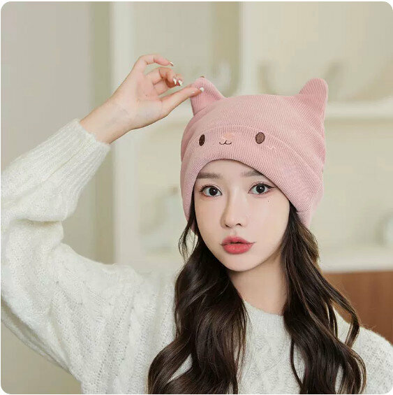 Hotly recommended winter knitted rabbit ears large head beanie (pink) [One size fits all: 56-60cm]