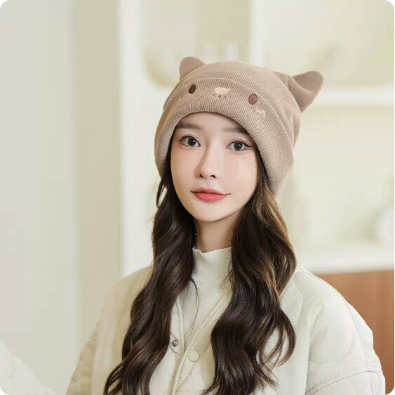 Hotly recommended winter knitted rabbit ears large head beanie (khaki color) [One size fits all: 56-60cm]
