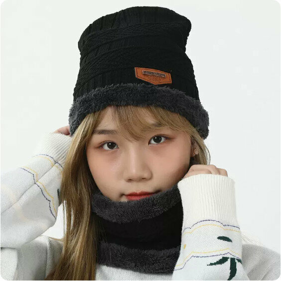 Popular winter knitted headband and beanie hat (black) [one size fits all]