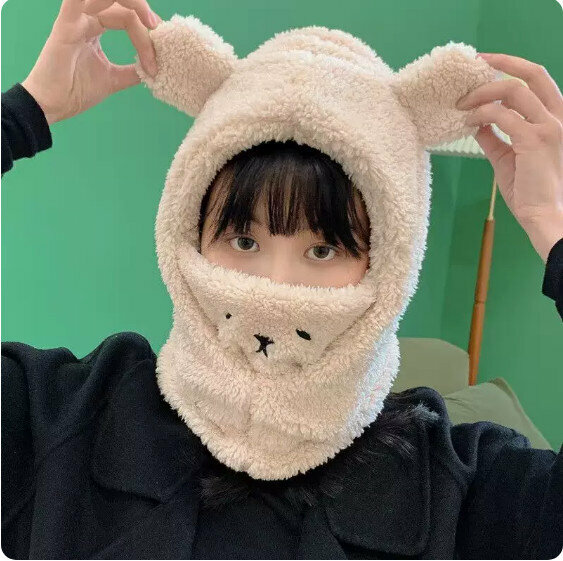 Hotly recommended winter warm all-in-one plush bear hat (beige) [one size fits all]