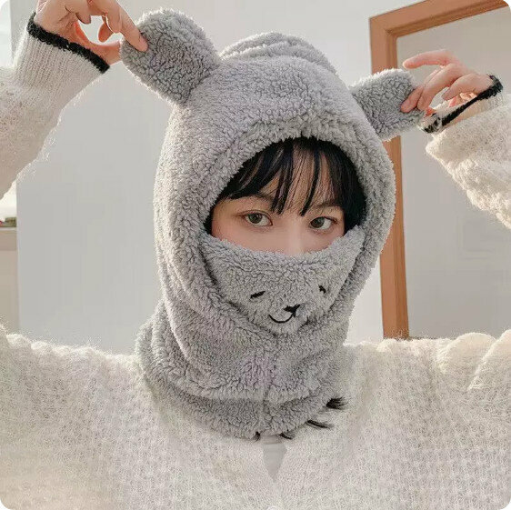 Hotly recommended winter warm all-in-one plush bear hat (grey) [one size fits all]