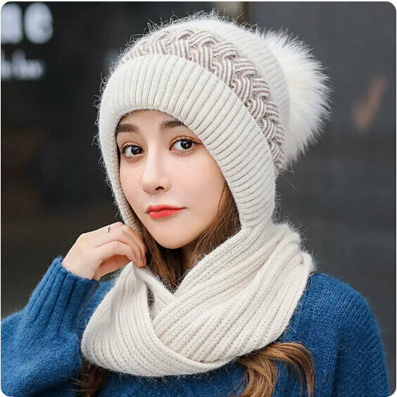 Popular winter thickened and warm knitted one-piece hat (off-white) [one size fits all]