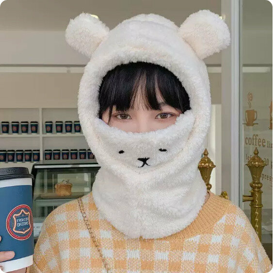 Hot winter warm all-in-one plush bear hat (white) [one size fits all]