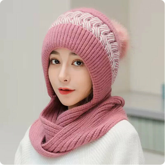 Popular winter thickened and warm knitted one-piece hat (pink) [one size fits all]