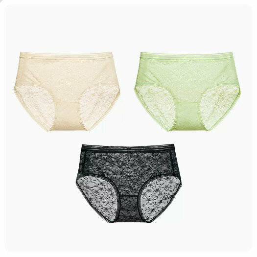 Hot sale [3 pieces] Cotton crotch antibacterial low-waist underwear [girls lace] almond skin + primrose green + black] (S-XL size) (please contact customer service to confirm the delivery size after placing the order)