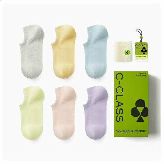 熱賣(6對）抗菌透氣淺口船襪【淺花灰+米黃+冰藍+淺黃+蜜粉+暮紫】（均碼：適合34-40碼） 