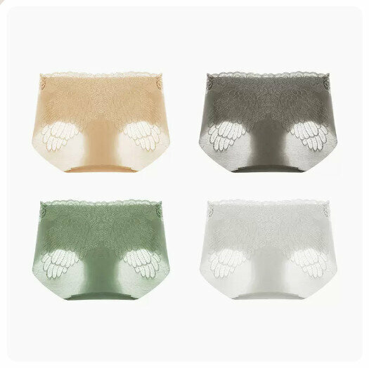 Hot sale (4 pieces) lace pure cotton crotch antibacterial mid-waist underwear [light apricot + light gray + light green + white] (M-XL size) (please contact customer service to confirm the delivery size after placing the order)