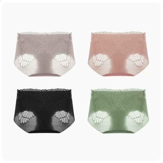 Hot sale (4 pieces) lace pure cotton crotch antibacterial mid-waist underwear [ash + bean paste + black + light green] (M-XL size) (please contact customer service to confirm the delivery size after placing the order)