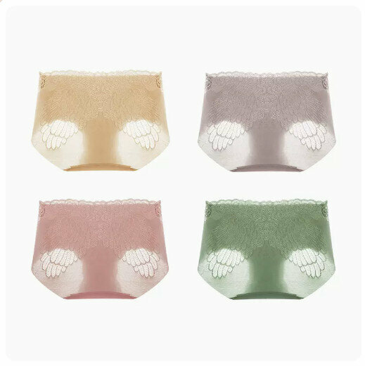 Hot sale (4 pieces) lace pure cotton crotch antibacterial mid-waist underwear [light apricot + soot + bean paste + light green] (M-XL size) (please contact customer service to confirm the delivery size after placing the order)
