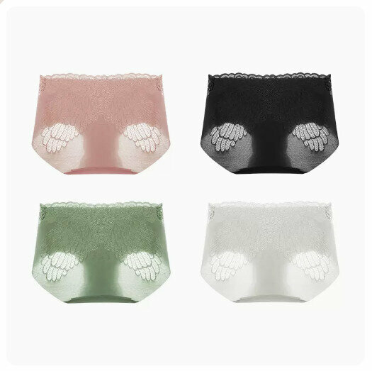 Hot sale (4 pieces) lace pure cotton crotch antibacterial mid-waist underwear [bean paste + black + light green + white] (M-XL size) (please contact customer service to confirm the delivery size after placing the order)