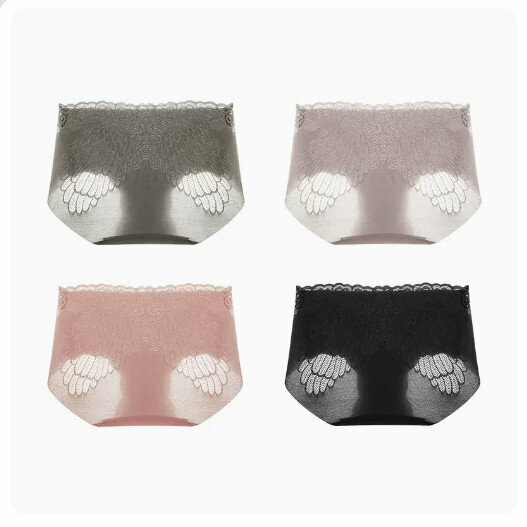 Hot sale (4 pieces) lace pure cotton crotch antibacterial mid-waist underwear [light gray + soot + bean paste + black] (M-XL size) (please contact customer service to confirm the delivery size after placing the order)