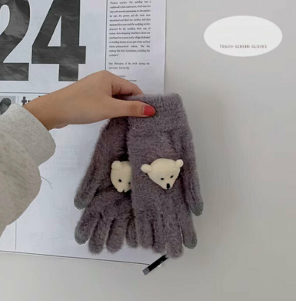 Hot selling winter warm and cold-proof velvet thickened gloves (bear head - gray and purple bottom) [one size fits all]