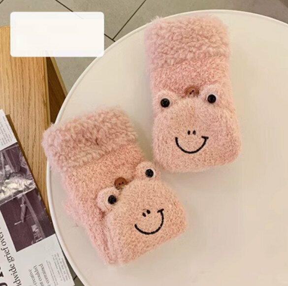 Hot selling winter warm all-inclusive plus velvet and thickened halterneck half-finger flip gloves (pink) [one size fits all] about 17*10cm