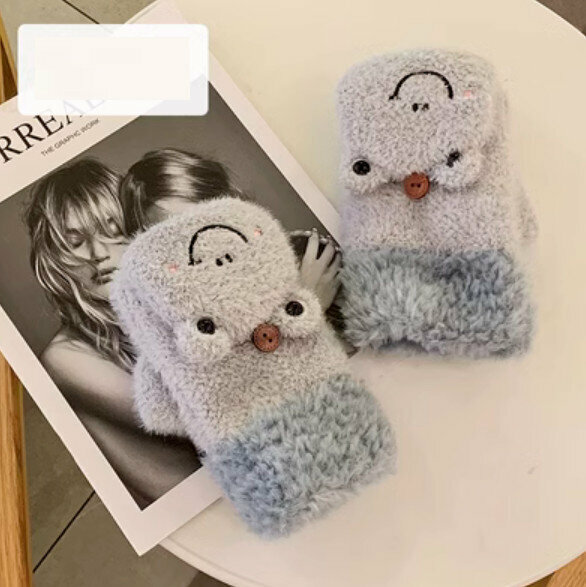 Hot selling winter warm all-inclusive plus velvet and thickened halterneck half-finger flip gloves (grey blue) [One size fits all, about 17*10cm]