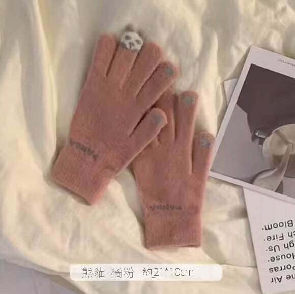 Hot selling winter cold-proof and warm split-finger woolen gloves (Panda-Orange Pink) [One size fits all]