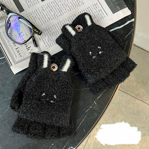 Hot Selling Winter Flip Fingerless Wool Knitted Gloves (Rabbit-Black) [One Size Fits All]