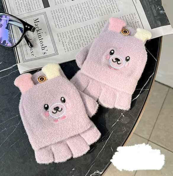 Hot Selling Winter Flip Fingerless Wool Knitted Gloves (Bear-Purple) [One Size Fits All]