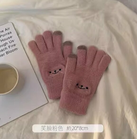 Hot selling winter cold-proof and warm split-finger woolen gloves (smiley pink) [one size fits all]
