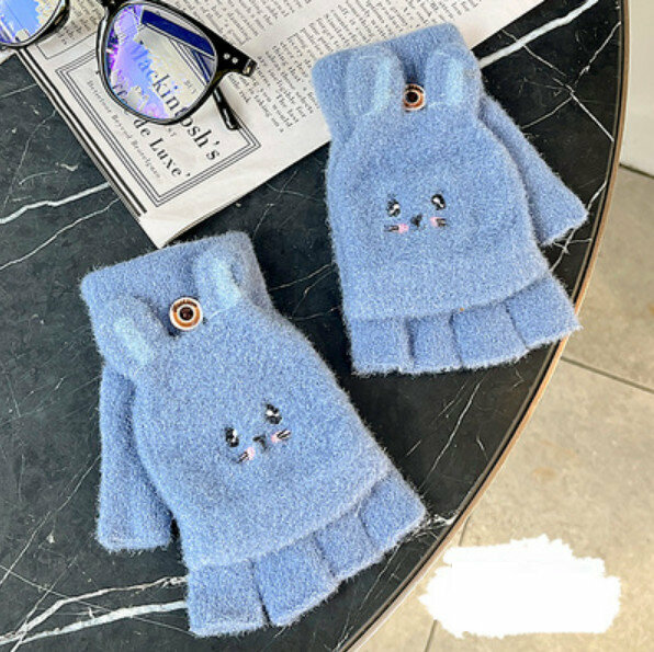 Hot Selling Winter Flip Fingerless Wool Knitted Gloves (Rabbit-Blue) [One Size Fits All]