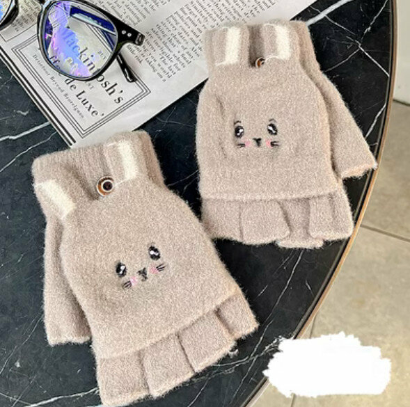 Hot Selling Winter Flip Fingerless Wool Knitted Gloves (Rabbit-Khaki) [One Size Fits All]