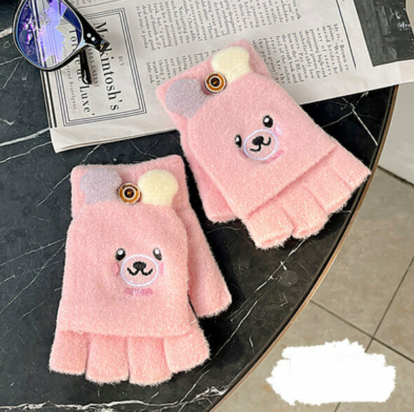 Hot Selling Winter Flip Fingerless Wool Knitted Gloves (Bear-Orange Pink) [One Size Fits All]