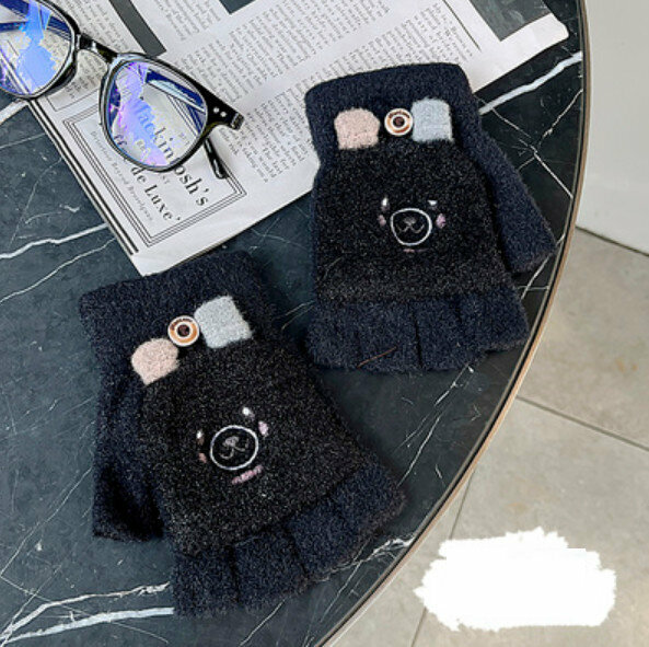 Hot Selling Winter Flip Fingerless Wool Knitted Gloves (Bear-Black) [One Size Fits All]