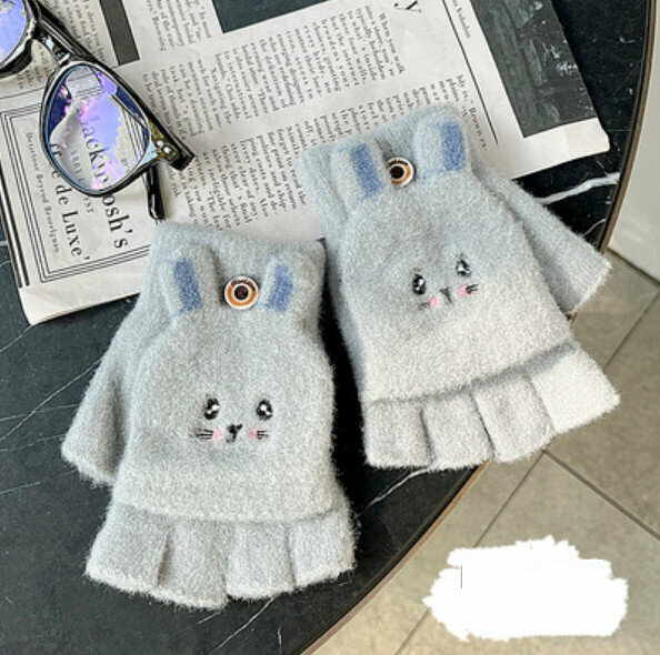 Hot Selling Winter Flip Fingerless Wool Knitted Gloves (Rabbit-Grey) [One Size Fits All]