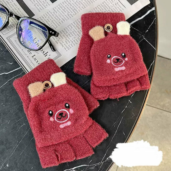 Popular winter flip-fingerless wool knitted gloves (Little Bear-Crimson) [One size fits all]