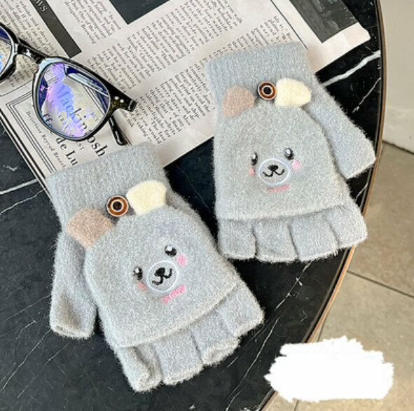 Popular winter flip-fingerless wool knitted gloves (Bear-grey) [One size fits all]