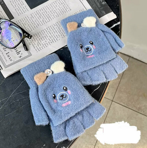 Popular winter flip-fingerless wool knitted gloves (Little Bear-Blue) [One size fits all]