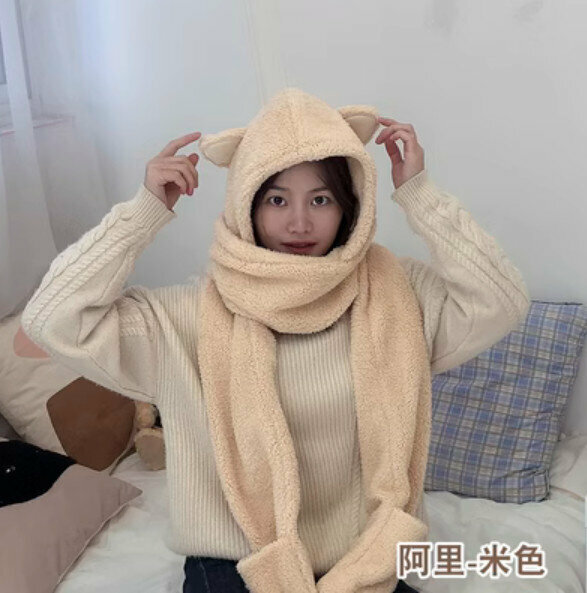Popular winter warm hat and scarf all in one (Ali-beige) [One size fits all]