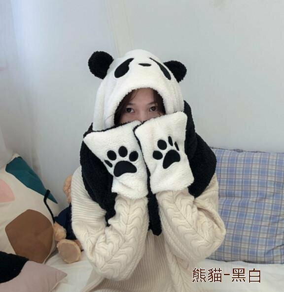 Popular winter warm hat and scarf all in one (Panda-Black and White) [One size fits all]