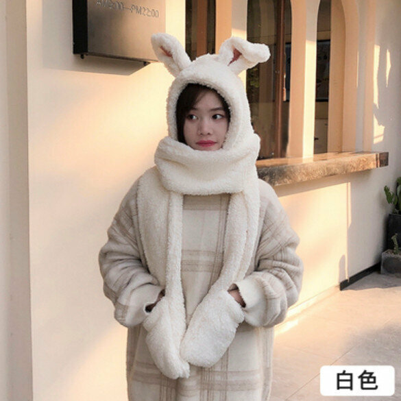 Popular winter warm hat and scarf all in one (rabbit ears-white) [one size fits all]
