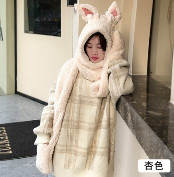 Popular winter warm hat and scarf all in one (rabbit ears-apricot color) [One size fits all]