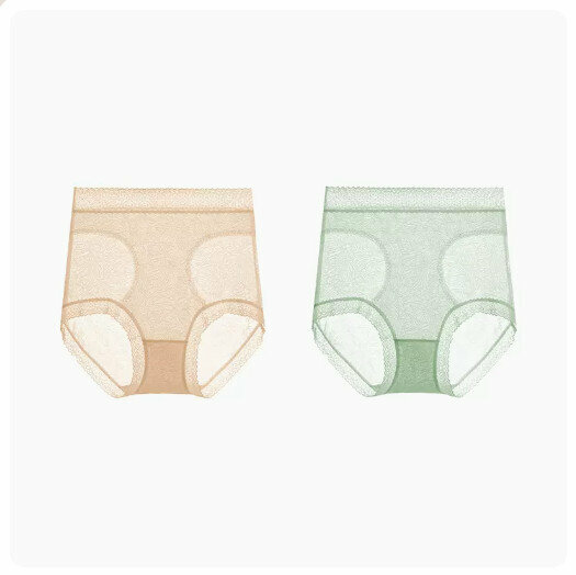 Popular style (2 pieces) antibacterial high-waist ice silk breathable briefs [skin color + light green] (size: M-XL) (please contact customer service to confirm the delivery size after placing the order)