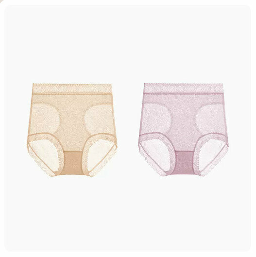 Popular style (2 pieces) antibacterial high-waist ice silk breathable briefs [skin color + light purple] (size: M-XL) (please contact customer service to confirm the delivery size after placing the order)