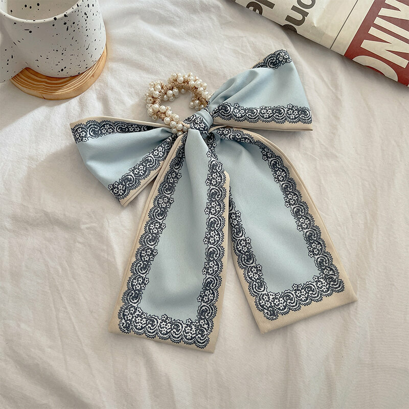 Popular fashion bow hair tie hair accessory (light blue lace pattern-hair rope)
