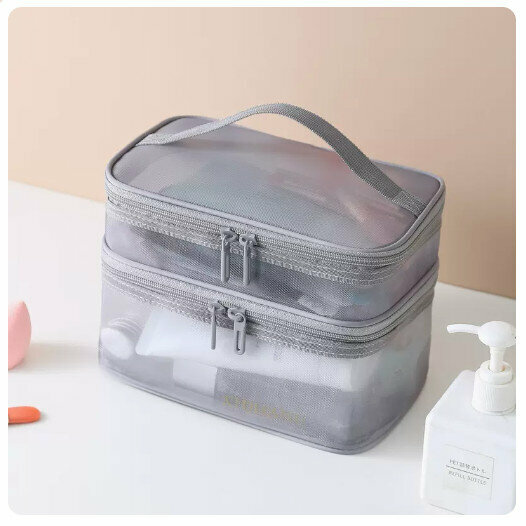 Hotly recommended partitioned mesh storage bag portable cosmetic bag [gray double layer] mesh cosmetic bag)