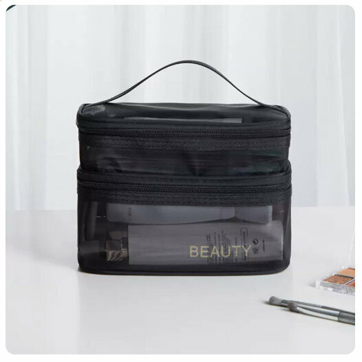 Hot Recommended Partitioned Mesh Storage Bag Portable Cosmetic Bag [Black Double Layer] Mesh Cosmetic Bag)