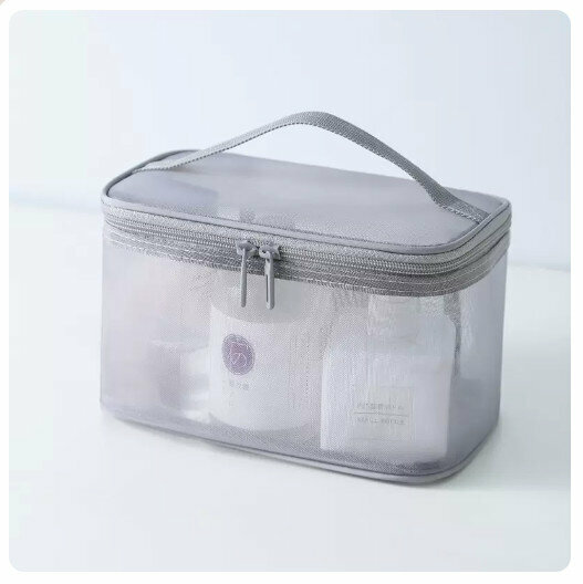 Hotly recommended partitioned mesh storage bag portable cosmetic bag [grey single layer] mesh cosmetic bag)