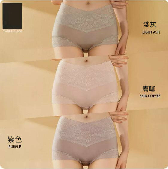Hot recommendation [3-pack] High-waisted lace panties (light gray + skin tone + purple) [Size: XL (130-150 pounds)]