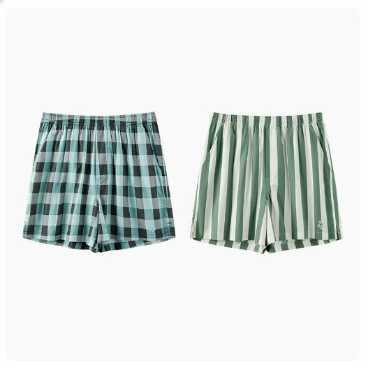 Popular style (2 pieces) loose boxer pure cotton pajama pants and underwear [mustard green check + green and white stripes] (size: M-3XL) (please contact customer service to confirm the delivery size after placing the order)