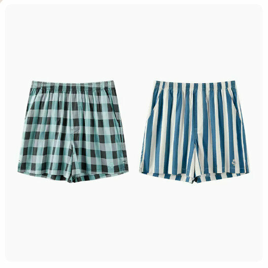 Popular style (2 pieces) loose boxer pure cotton pajama pants and underwear [mustard green check + blue and white stripes] (size: M-3XL) (please contact customer service to confirm the delivery size after placing the order)