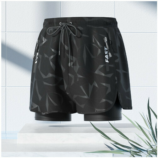 新款男士游泳泳褲（黑色印花）（XL-5XL)（下單後跟客服聯系發貨的尺寸）