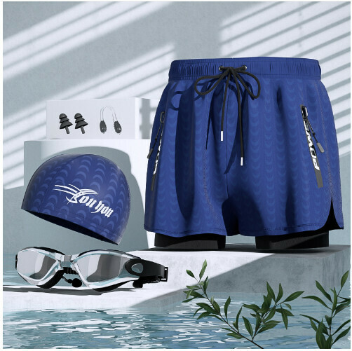 新款男士游泳泳褲套装（藏藍鯊魚+泳帽+泳鏡（送鼻夾耳塞））（L-5XL)（下單後跟客服聯系發貨的尺寸）