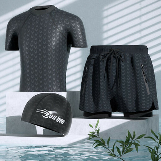 New men's swimsuit and beach shorts set (black shark + swimsuit + swimming cap) (L-3XL) (contact customer service after placing the order for shipping size)