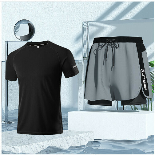新款男士泳衣沙灘褲套裝（灰色泳褲+315短袖）（L-5XL)（下單後跟客服聯系發貨的尺寸）