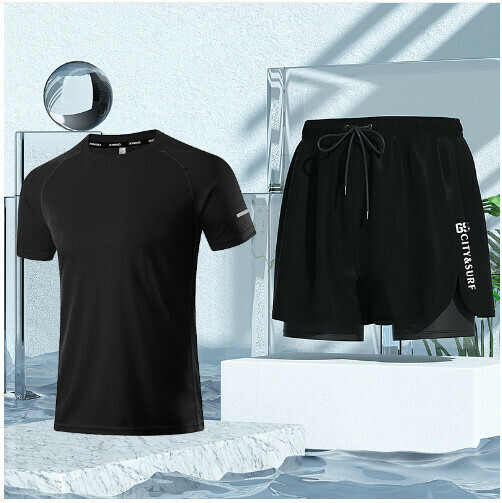 新款男士泳衣沙灘褲套裝（黑色泳褲+315短袖）（L-5XL)（下單後跟客服聯系發貨的尺寸）