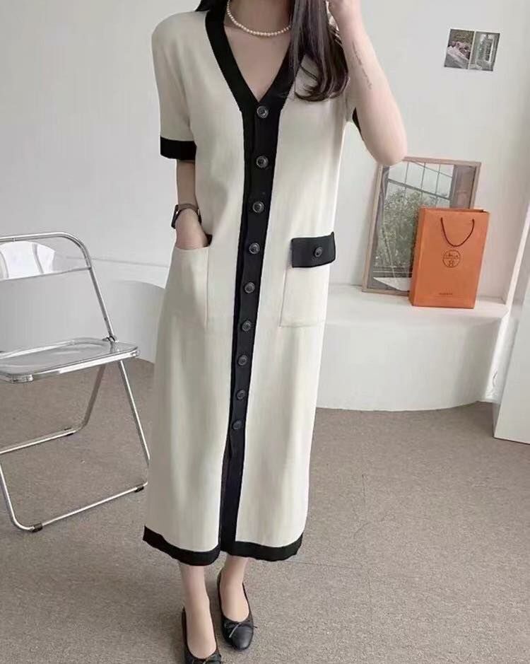 【質感名媛風撞色針織長洋】（現貨）