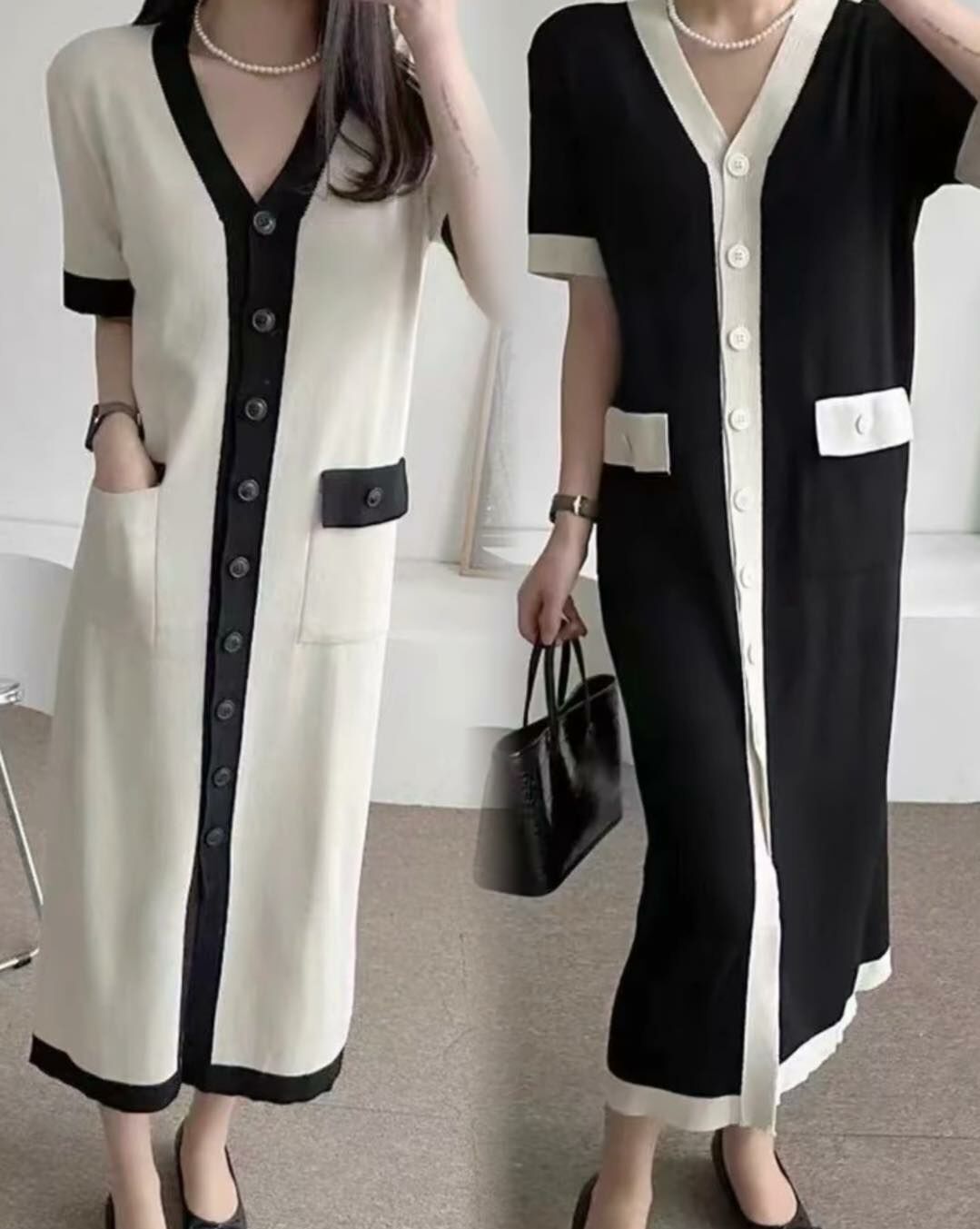 【質感名媛風撞色針織長洋】（現貨）